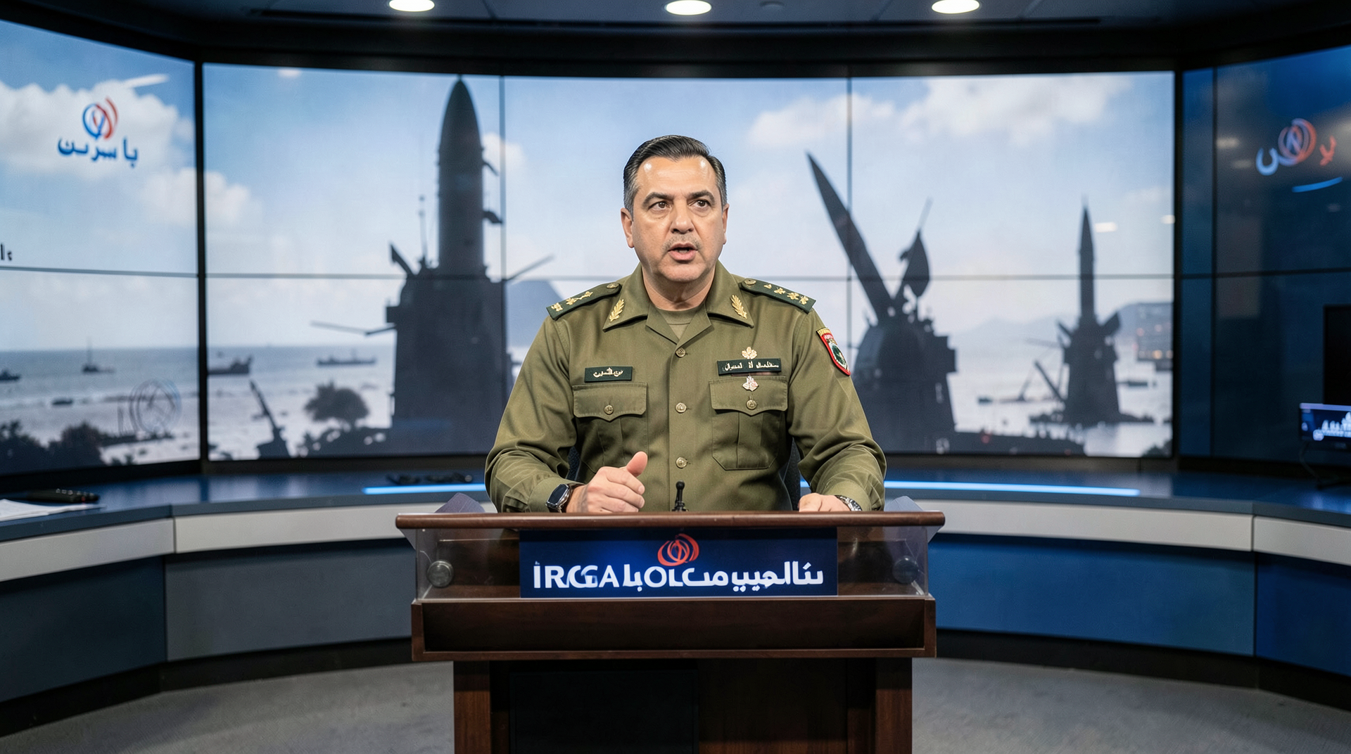 Iranian state television broadcast of an IRGC Aerospace Force commander at a podium, missile imagery in the background
