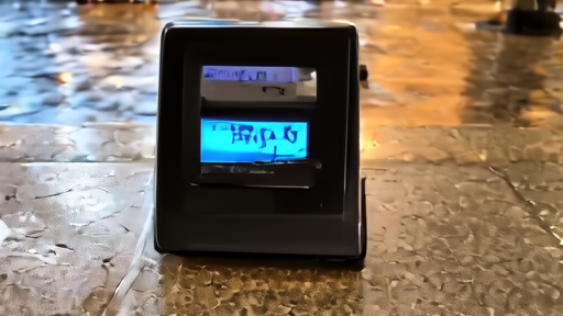 A Cash App-enabled merchant terminal at evening with the storefront lights reflecting in a wet sidewalk