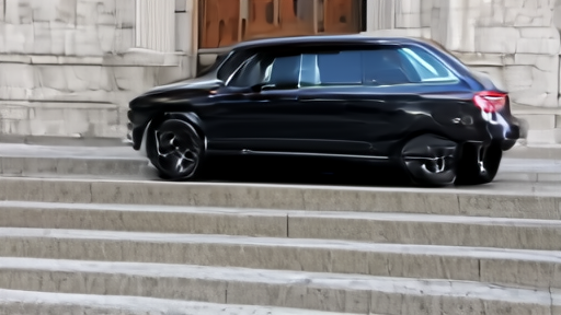 Federal courthouse exterior in San Francisco at dusk with a dark sedan at the curb and a press scrum on the steps