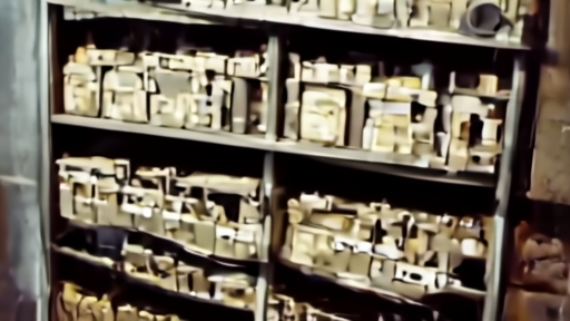 A row of vintage broadcast cartridges and reel-to-reel tapes on metal shelving inside a dim radio archive room.