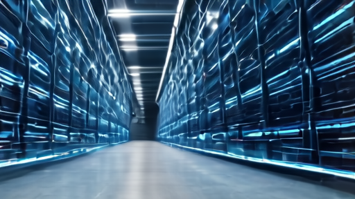 An evening view of an empty fiber-optic data center aisle with cool blue indicator lights