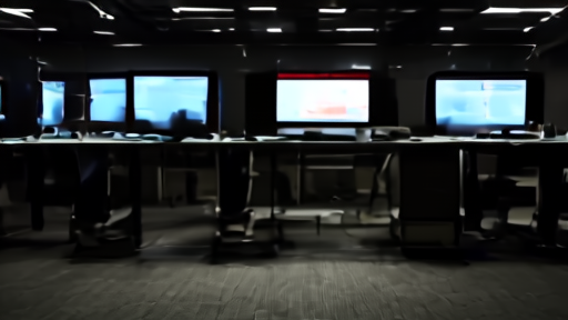 An empty fintech trading floor at evening with desks vacated and screens dark