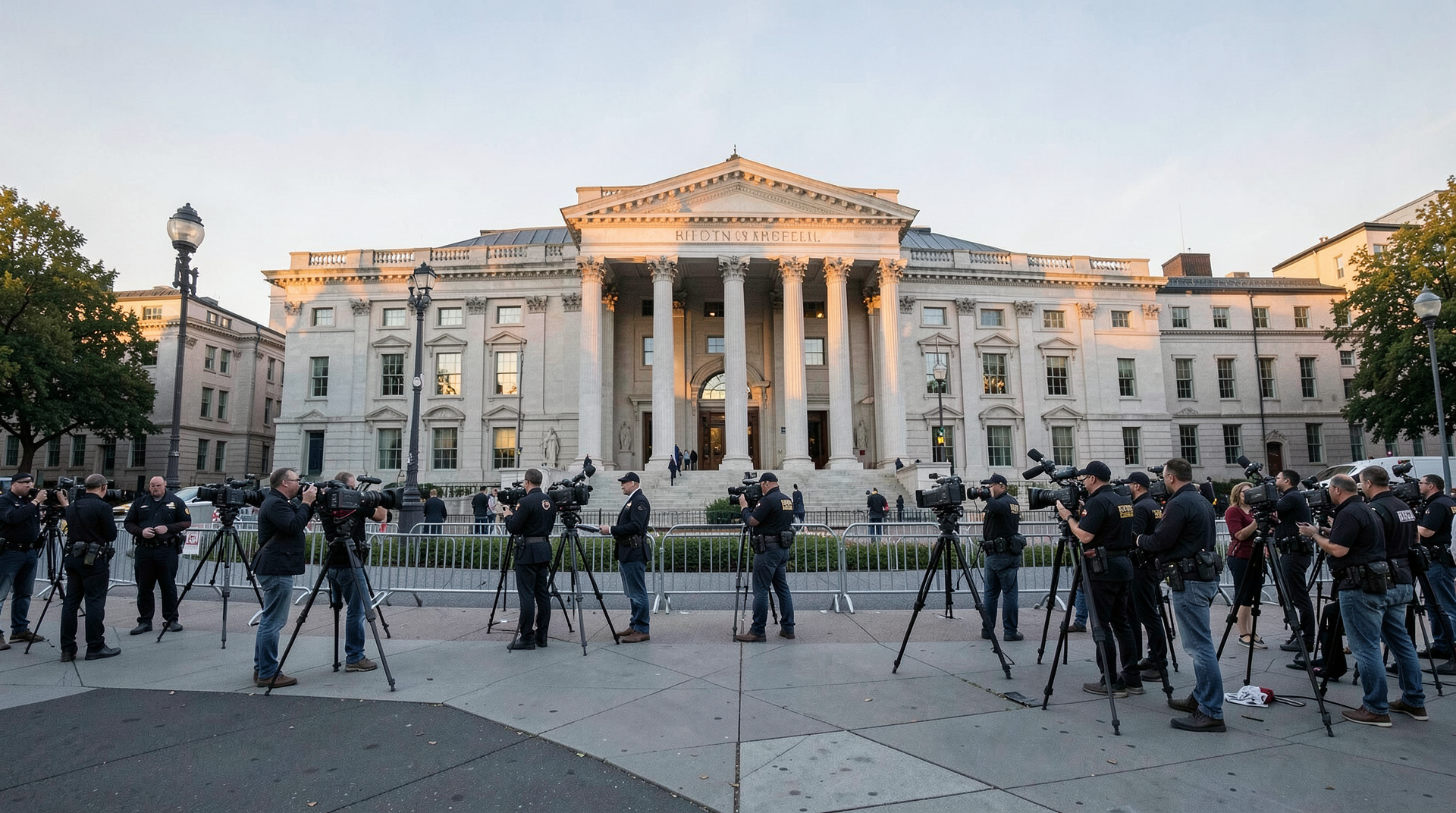 The U.S. District Courthouse in Washington at dawn with security perimeter visible and press cameras assembling