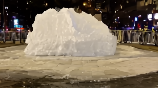 A melting ice pyramid on a downtown Toronto sidewalk with police barricades and phone screens lit at night