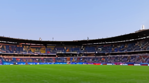 An evening view of Camp Nou before kickoff, with stadium lights warming up over partially filled stands and the pitch in pristine condition.