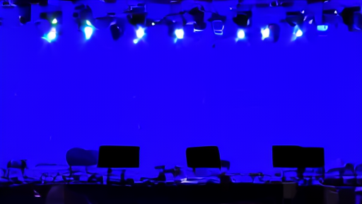 An empty Vienna concert-hall stage lit blue with monitors and a single microphone before show week