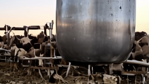 A milking parlor at dawn, Holstein cows in stalls and a stainless steel tank gleaming under a single overhead light.