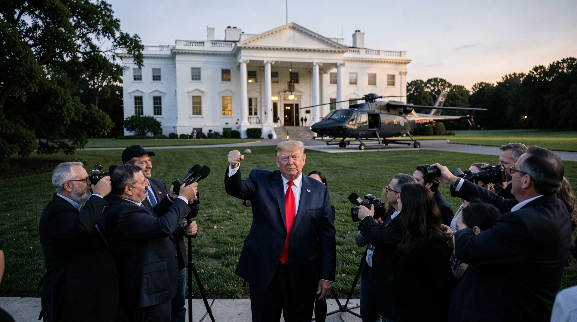 President Trump mid-shrug at the White House South Lawn boom as reporters press in with microphones at dusk