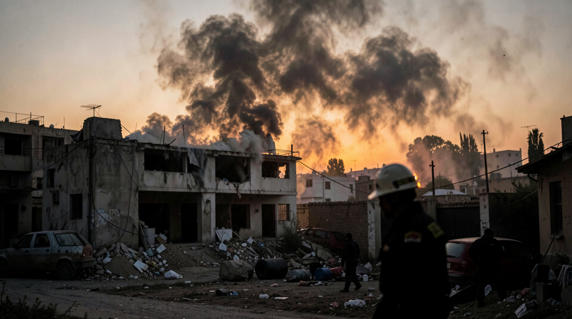Smoke rising from a struck building in Saksakiyeh at dusk, a rescue worker silhouetted against the orange glow