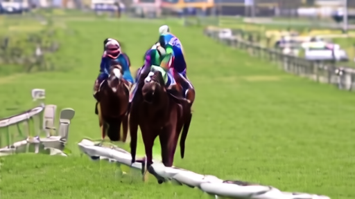 Two thoroughbreds drive down the stretch at a Big A track at midday, blinkers on the leader, a sparse Saturday crowd in the soft background.
