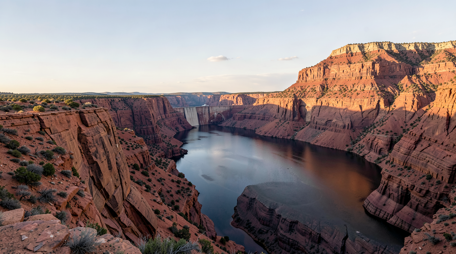 The bathtub ring on the red sandstone walls of Lake Powell with the water level visibly below the historic mark and Glen Canyon Dam in the distance.