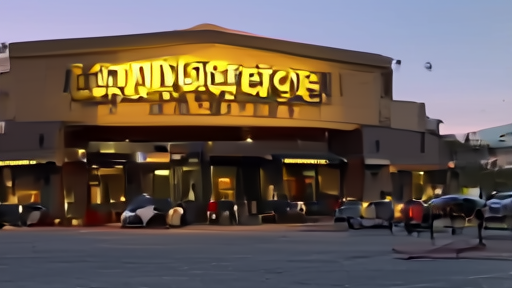 Lionsgate-branded studio marquee at dusk with an empty parking lot in the foreground