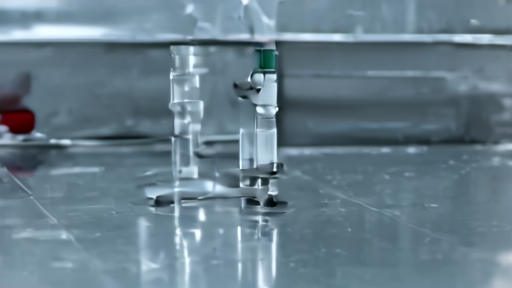 A wet-lab bench at McGill with a beaker of red blood cells beside a syringe of crosslinker reagent under cool overhead light