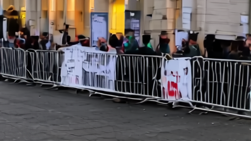 A police barricade outside the Metropolitan Museum at dusk, scattered protest signs leaning against it, a Met Gala step-and-repeat blurred in the distance.