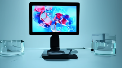 A research microscope on a darkened bench, a slide of stained immune cells visible on a connected monitor.