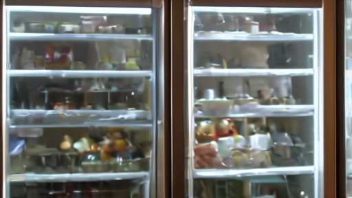 A florist arranges a tariff-priced bouquet of roses behind a half-empty cooler in a small flower shop, a hand-written sign on the cooler glass.