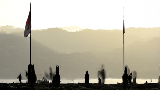 Indian soldiers standing at attention in May dawn light at a forward post on the Line of Control, two tricolour flags visible in the foreground.