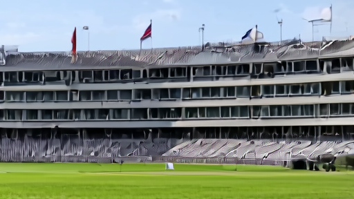 The Trump National DC clubhouse on a Sunday afternoon, half-empty grandstands, a single LIV pennant in the foreground.