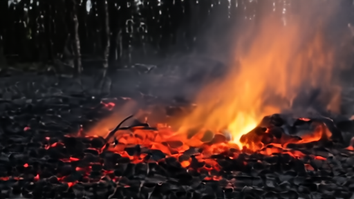 Smoldering peat at the perimeter of a burn scar in the Okefenokee, faint smoke rising from a charred root system at dusk.