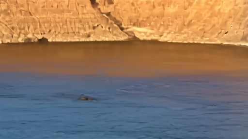 Glen Canyon Dam's penstocks above the Colorado River at low pool, the bathtub ring on the canyon walls visible in afternoon light.