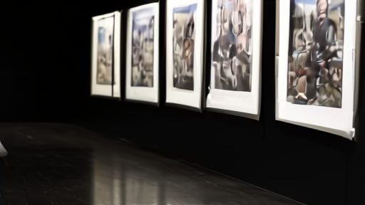 A New York Times newsroom wall with framed Pulitzer photographs in low evening light