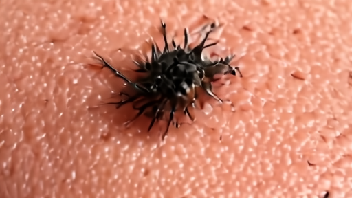 A blacklegged deer tick on a fingertip, magnified against the grain of human skin.