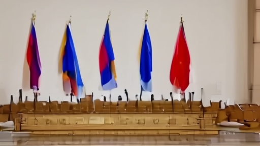 The Great Hall of the People in Beijing seen from the floor, an empty rostrum prepared for a summit, banners being adjusted by staff.