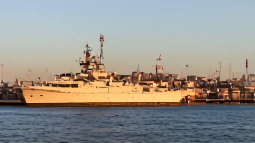 HMS Dragon at a Cyprus naval pier under Mediterranean dawn light, sailors loading provisions, the Type 45 silhouette dominant against the harbor.