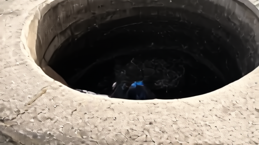 A sample collection technician kneeling at a municipal wastewater manhole, gloved hands holding a sealed sample bottle.