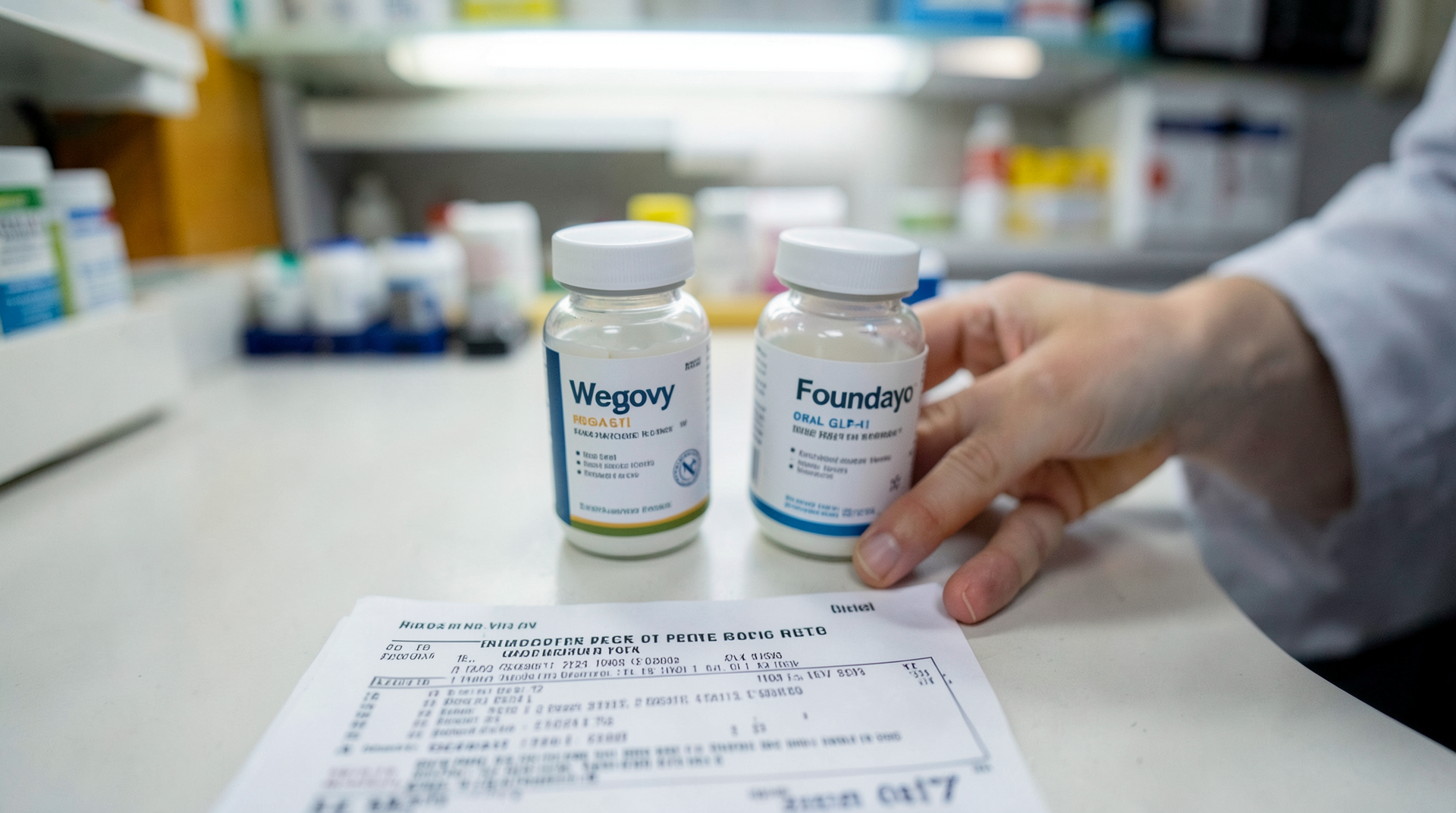 A pharmacy counter from above with two pill bottles side by side, one branded Wegovy, one Foundayo, and a printed prescription in the foreground.