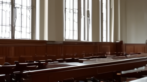 An empty Florida federal courtroom with sunlight through tall windows and a stenographer's machine on the table