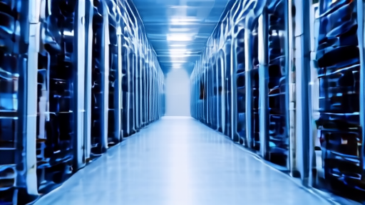 A datacenter floor with rows of AI accelerator chassis stretching into the distance under cool overhead lighting