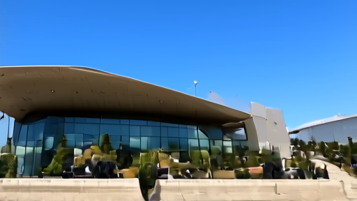 Apple Park visitor center curved glass facade at midday with two analysts in business-casual seated on the outdoor stone benches