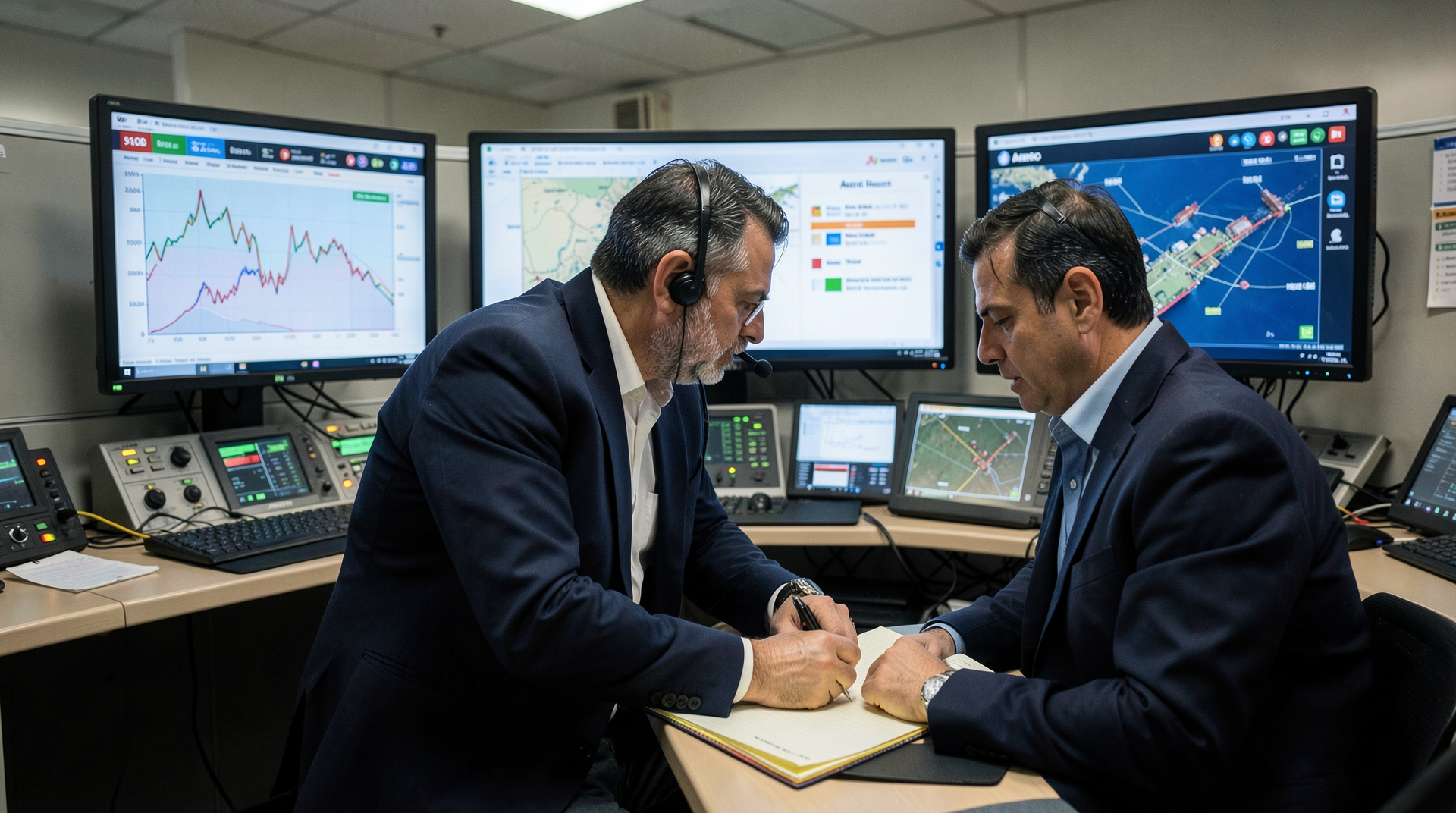 An analyst control room with Bloomberg terminals showing Brent crude, the Aramco prelim deck, and a Hormuz tanker tracker; one analyst at a headset leans forward.