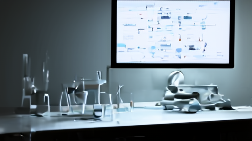 A genetics laboratory bench at evening with automated pipetting equipment and DNA sequencer monitors dark