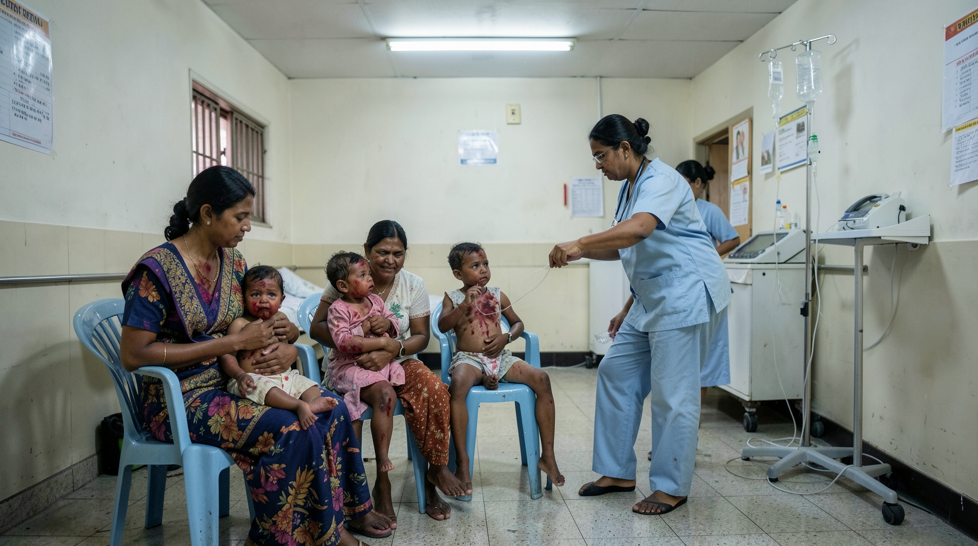 A Dhaka pediatric measles ward with three mothers in plastic chairs holding children with visible measles rash and a nurse in pale blue scrubs adjusting an IV line.