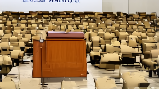 Berkshire Hathaway shareholder meeting hall in Omaha after-hours, rows of empty chairs facing an empty CEO podium with a single overhead spotlight