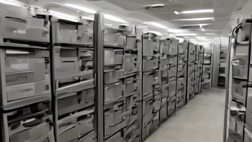 Aisles of unlabeled gray archive boxes on metal shelves in a fluorescent-lit broadcast facility storeroom with a single open box at floor level.