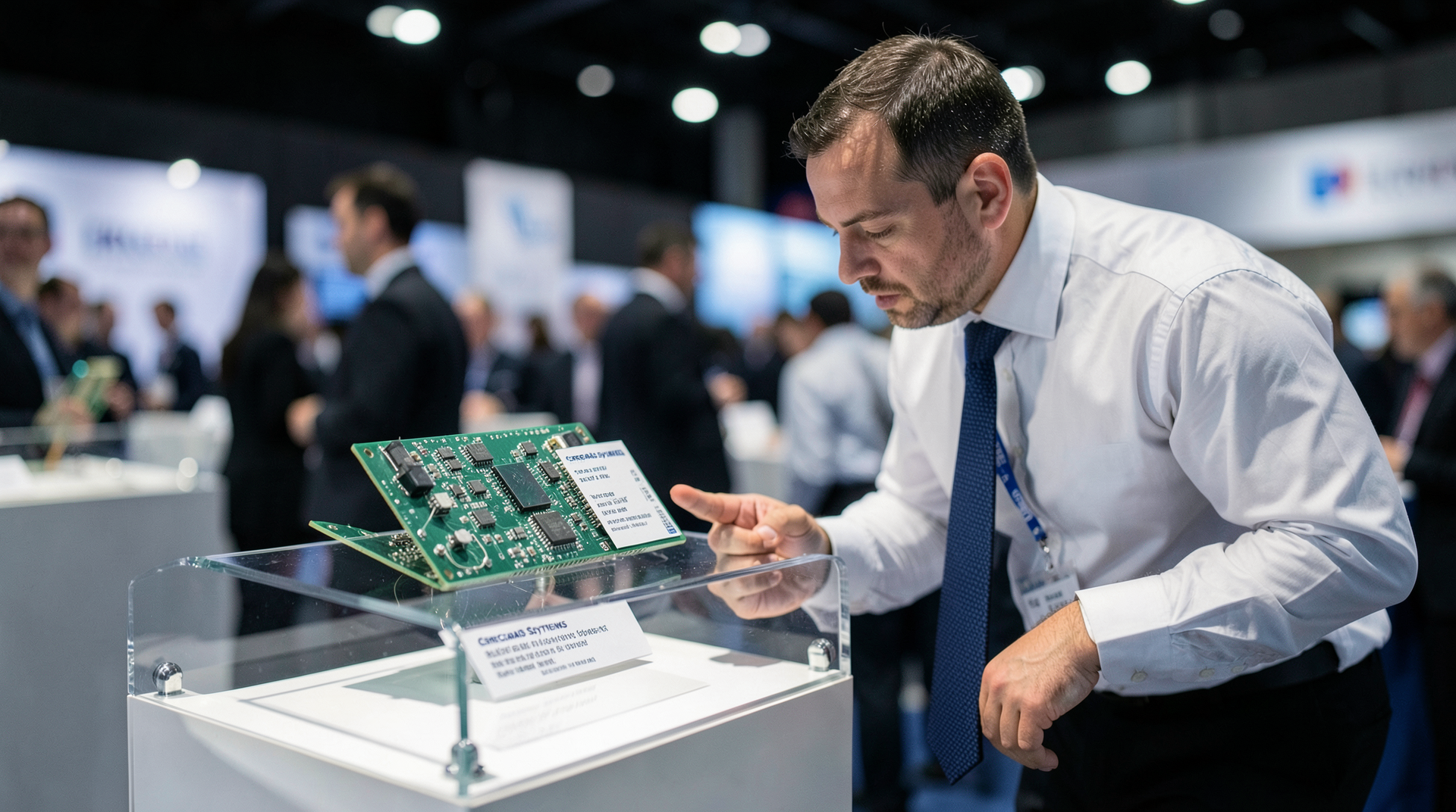 A Cerebras wafer-scale chip on a glass podium under directed lighting, with a banker in dress shirt and tie leaning forward to read the spec card.