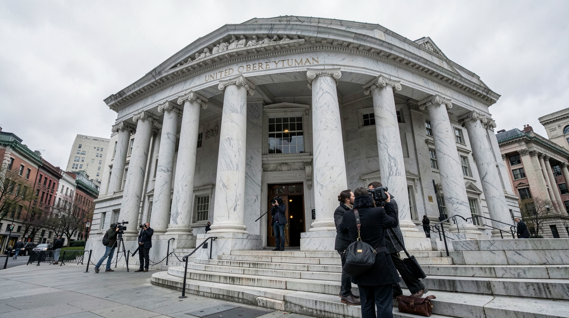 The columned marble facade of the E. Barrett Prettyman federal courthouse with two press photographers near the columns and an attorney's briefcase on stone steps.