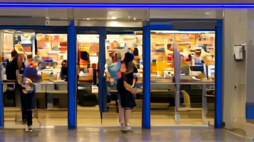 Suburban multiplex lobby midday on Mother's Day, two women in their late thirties handing concession popcorn to a third while a teen scans tickets at the entrance