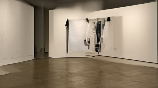 An empty contemporary-art gallery with track lighting on large canvases and polished concrete floors, no people