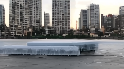 An empty Toronto plaza with a refrigerated black block on a pallet under overcast May skies