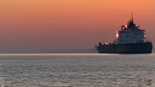 Coastguard tug spraying water on a smoke-streaked commercial vessel in a Gulf shipping lane at first light