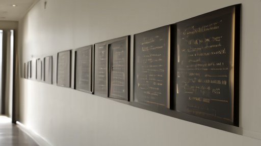 A row of named fellowship plaques on a hospital corridor wall, soft afternoon light from a window at the end.