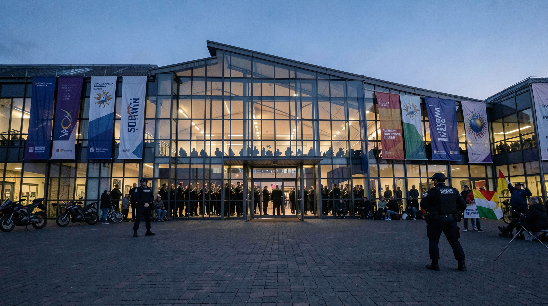 The Wiener Stadthalle exterior at dusk with Eurovision banners and choir-rehearsal silhouettes through glass, two Austrian police in tactical vests at the main entrance, a small protest with Spanish and Irish flags in the courtyard.