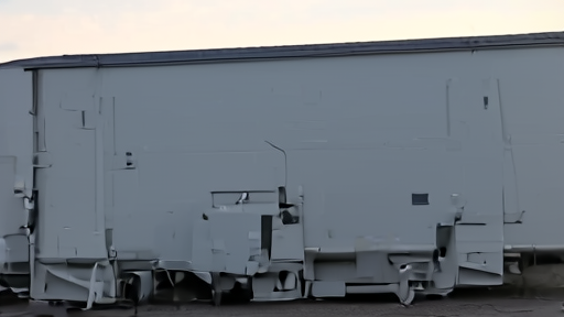 A liquid-helium cryogenic tanker truck parked at a hospital MRI loading dock at dawn, the truck's white insulated body and silver valves under cool morning light.