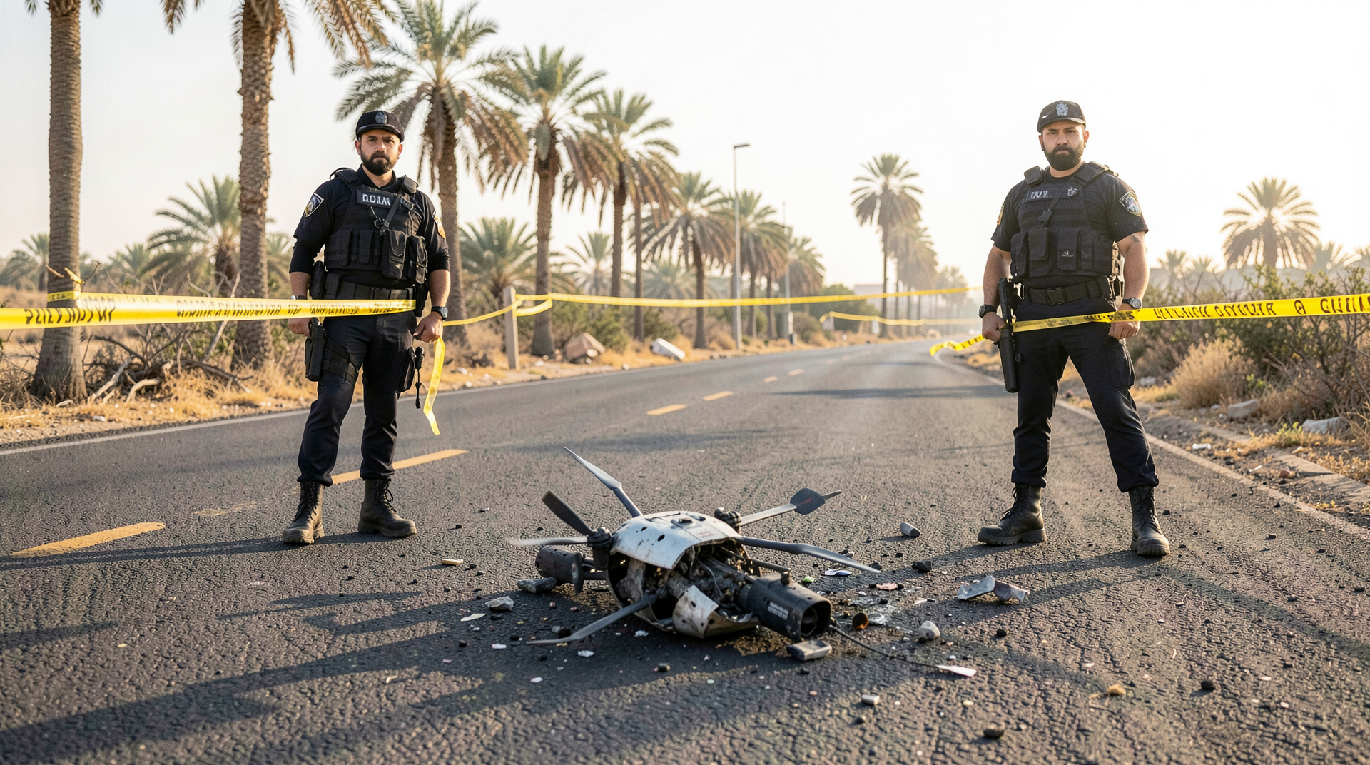 Drone wreckage on a Gulf access road with two GCC police officers in tactical vests holding cordon tape under a low sun.