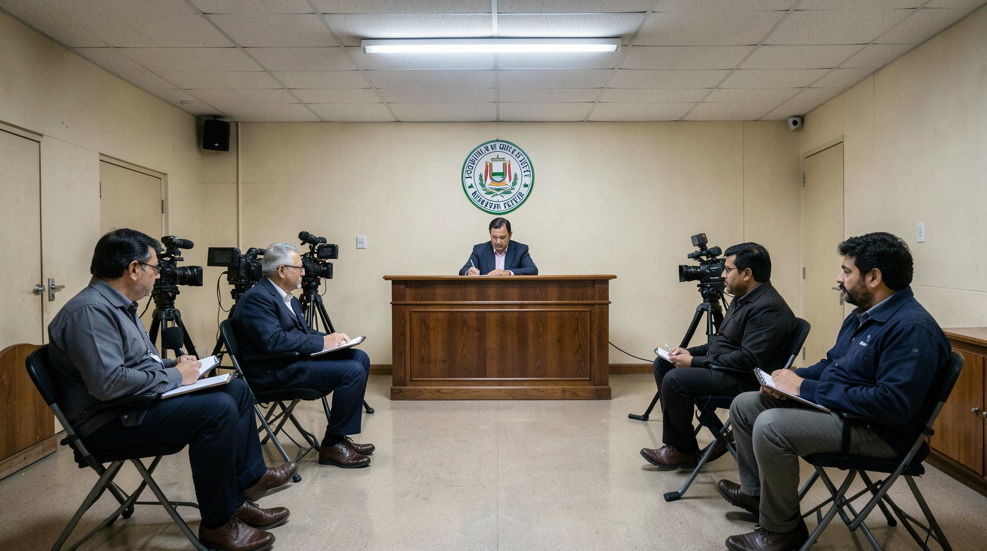 Pakistani Foreign Office briefing room with empty rostrum, national crest behind, reporters seated and writing on notepads.