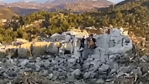 Family searching through grey rubble of a small flat-roofed house in a south Lebanon hillside village, late afternoon, mountains in the distance
